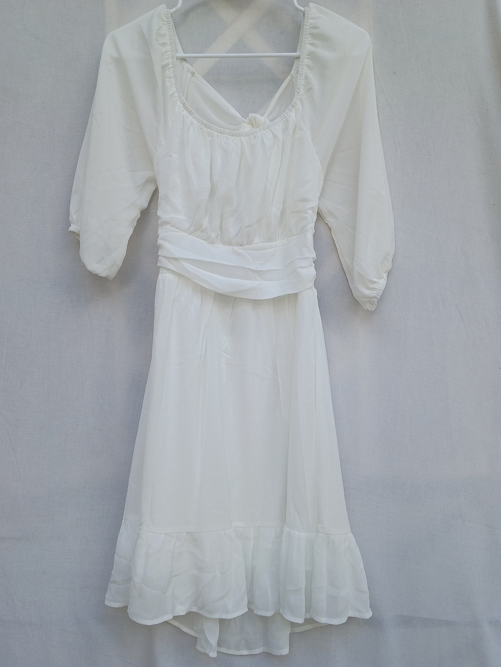 NWT…White Ruffled Waist Mini Dress - Feminine Scoop Neck Sz M